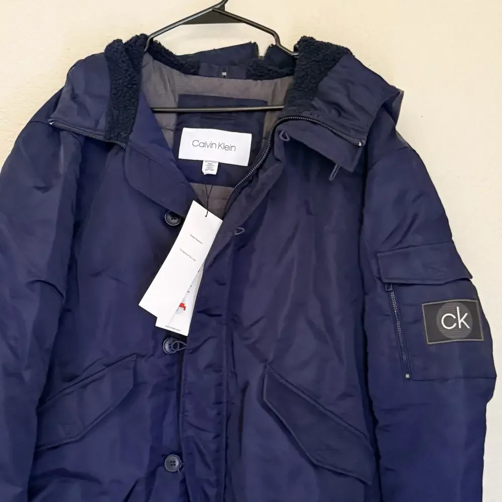 $228 Calvin Klein Oversized Hooded Water Resistant Puffer Bomber Jacket Navy 2XL